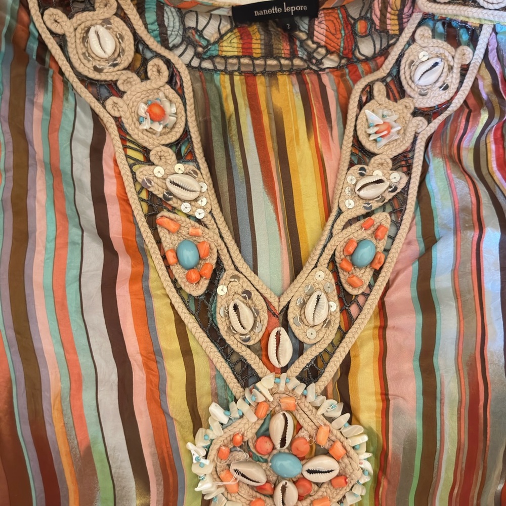 Vintage All Silk Striped Dress Turquoise Cowrie Shell Coral Jeweled Neckline